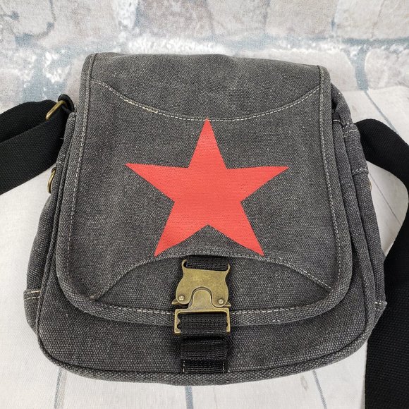 Vintage 90s Canvas Crossbody Bag Red Star Gray - Picture 4 of 13